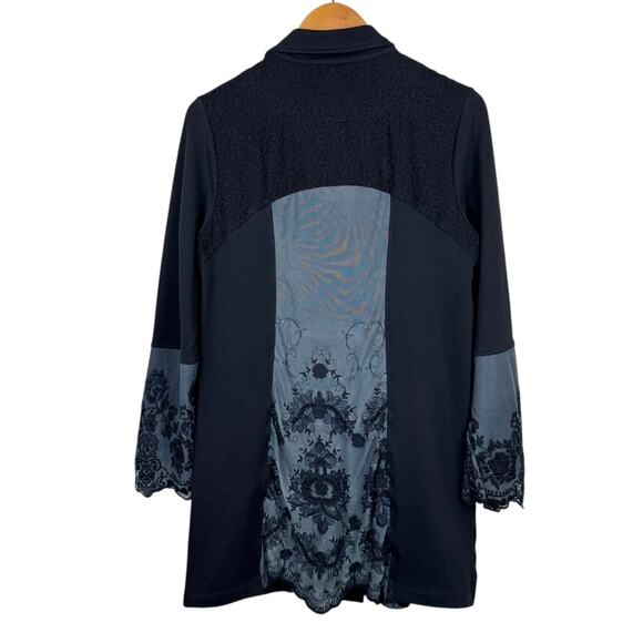 Gretty Zueger Black Ponte Knit Button Front Embroidered Lace Coatigan Jacket - Picture 9 of 11